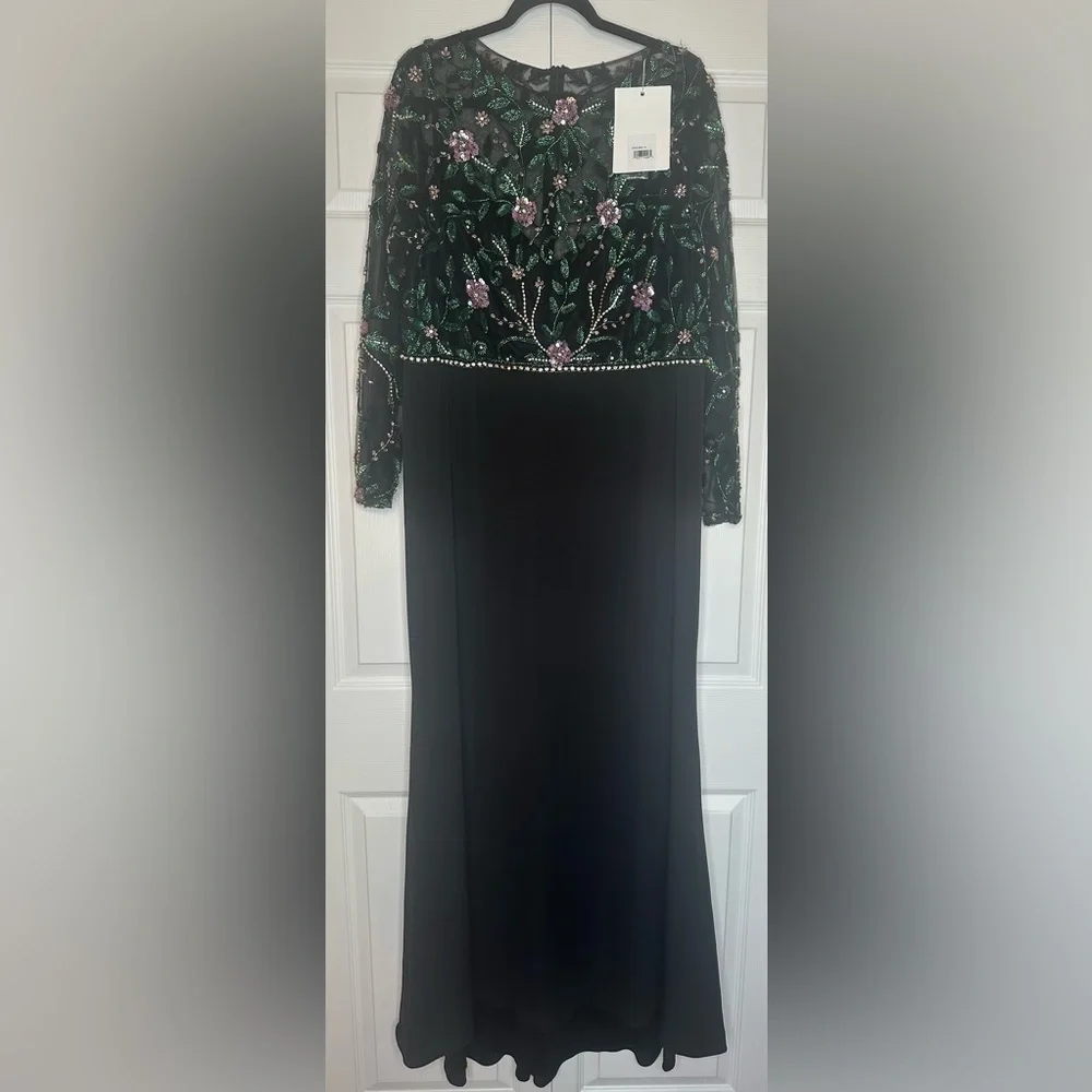 Mac Duggal Black Dress with Green Floral Sleeves - Picture 7 of 9
